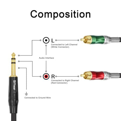 1/4" to RCA Y Splitter Cable,6.35mm TRS to Dual RCA Male Audio Cable Quarter inch Stereo to 2 RCA Phono Insert Audio Breakout Cable (3M/10Feet) - size: 3m/10FT
