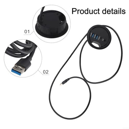 USB 3.0 Desk Grommet Hub with Dual Port Audio Interface for Headphones and Microphones, Compact Cable Organizer and Plug-and-Play Connectivity for Desktop PC and Laptop Workstations