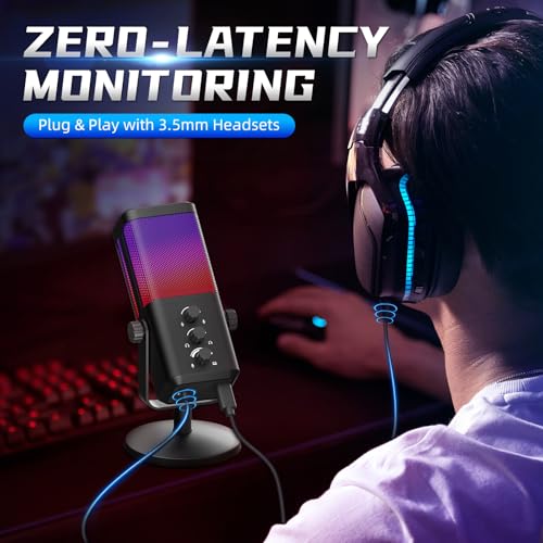XTUGA M7 Dynamic Microphone for Gaming Streaming with RGB Light,Computer Condenser Mic Noise Reduction Real-Time Monitoring for Podcast,Studio,PC,PS5,Mac,YouTube
