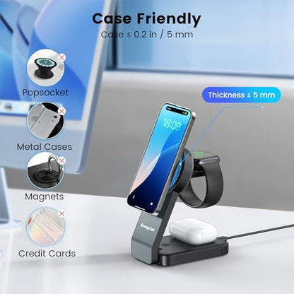 3-in-1 Wireless Charging Station for Apple Devices, 15W Wireless Charger for iPhone 17/16/15/14/13/12, Apple Watch, AirPods, Magnetic Foldable Fast Charger Apple Charging Station