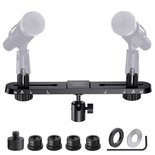 Stereo Array Spacing Microphone Holder with All-Metal Mic Ball Head Adapter, Adjustable Mic Mount Bar for Two Mics/Booms with 3/8" - 5/8" Screw Adapters, Fits Mic Stands for Recording, Live Streaming﻿ - size: Stereo Mic Bar+Ball Head Adapter