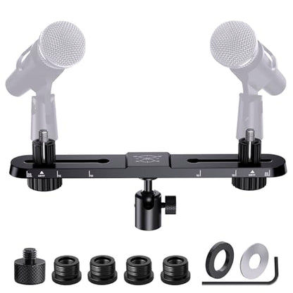 Stereo Array Spacing Microphone Holder with All-Metal Mic Ball Head Adapter, Adjustable Mic Mount Bar for Two Mics/Booms with 3/8" - 5/8" Screw Adapters, Fits Mic Stands for Recording, Live Streaming﻿ - size: Stereo Mic Bar+Ball Head Adapter
