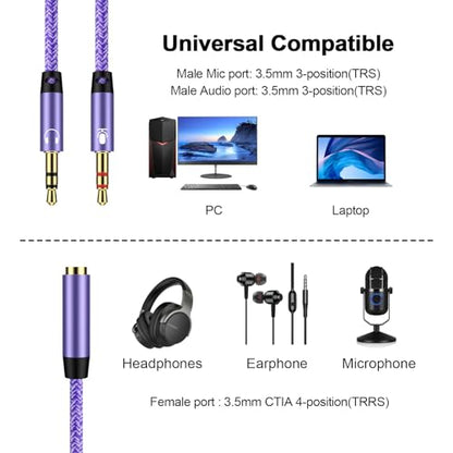 Headset Splitter for PC, Mic and Headphone Splitter Y Splitter Cable Cord | Braided 3.5mm Female to 2 Dual Male Mic Audio Y Splitter Cable Jack Headphone Audio Adapter Convertor for Smartphone Laptops