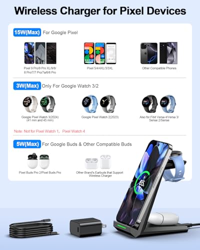 NANAMI 3 in 1 Wireless Charging Station Charger Dock for Google Devices | Fast Charger Stand Dock for Pixel 9/9 Pro XL/Fold, Buds Pro 2/Pro, Watch 3/2, Fitbit Versa 4/Sense 2(Not for Pixel Watch 1/4) - color: Black