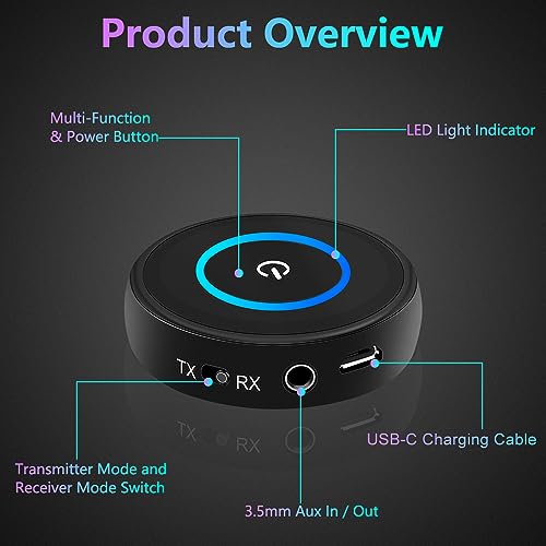 Golvery Bluetooth V5.3 Transmitter Receiver for TV to 2 Wireless Headphones | aptX Low Latency/FaseStream Audio, 2-in-1 3.5mm AUX RCA Bluetooth Receiver Adapter for Home Stereo Airplane Boat Gym 16 Hours