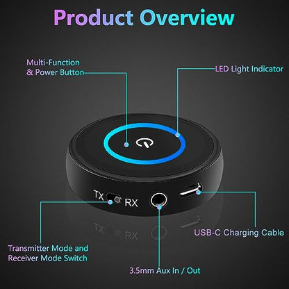 Golvery Bluetooth V5.3 Transmitter Receiver for TV to 2 Wireless Headphones | aptX Low Latency/FaseStream Audio, 2-in-1 3.5mm AUX RCA Bluetooth Receiver Adapter for Home Stereo Airplane Boat Gym 16 Hours