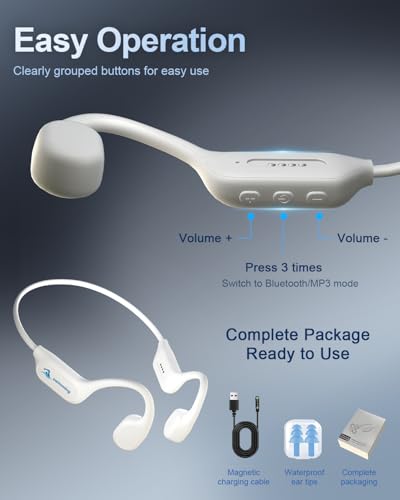 Swimming Headphones Bone Conduction Bluetooth 6.0 IPX8 Waterproof 32G MP3 | Open-ear comfort,clear audio in water,phone-free playlists,secure fit with caps and goggles,stable above-water pairing - color: Off White