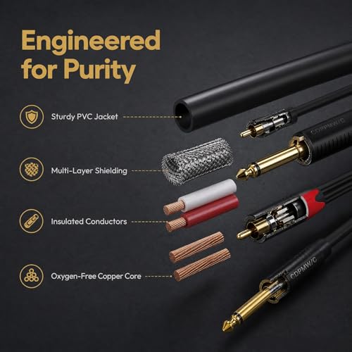 Dual 1/4 TS to Dual RCA Cable 6ft, OFC 24K Gold-Plated Multi-Layer Shielded Noise-Free Audio Interconnect for Home Studio, DJ Mixer, Amplifier – for Pioneer DJ, Yamaha, Focusrite Scarlett