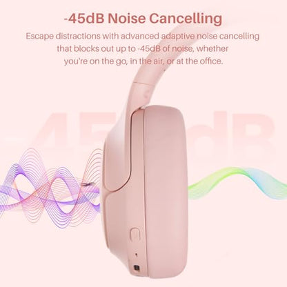 TOZO HT3 Hybrid Noise Cancelling Headphones, 90H Battery Life Wireless Over Ear Bluetooth 6.0 Foldable Headset, AI Voice Assistant with 5 Mics, Connect 2 Devices and Hi-Res Sound, 32 EQ Audio Presets - color: Titanium Pink