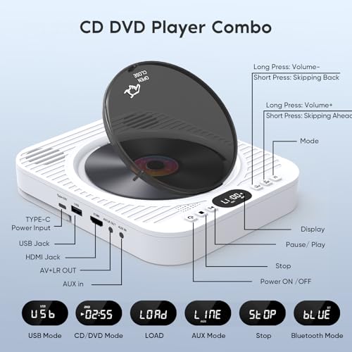 Mini CD DVD Player for TV - Portable Bluetooth CD DVD Player with HDMI & AV Cables, Built-in Speakers, USB/AUX Playback, 1080P Upscaling, Wall-Mountable Compact Desktop Player for Home