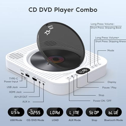 Mini CD DVD Player for TV - Portable Bluetooth CD DVD Player with HDMI & AV Cables, Built-in Speakers, USB/AUX Playback, 1080P Upscaling, Wall-Mountable Compact Desktop Player for Home