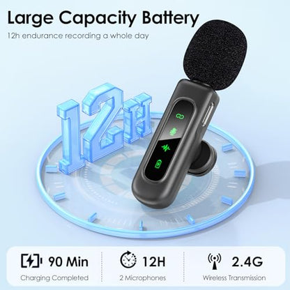 HEHOTTC USB C Mini Wireless Lavalier Microphone for iPhone/Android,Lapel Mic with Magnetic Clip-on for Record Video，Lav Mic with LED Display Podcast Vlog Content Creator Interview