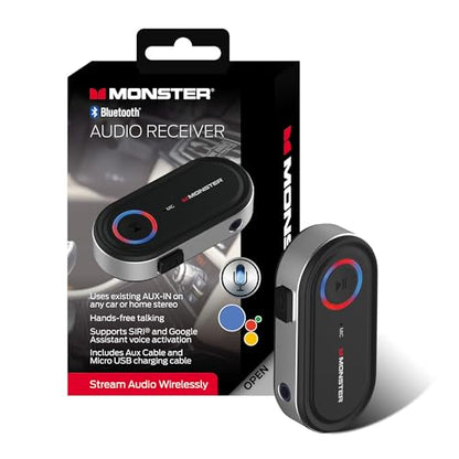 Monster Bluetooth Audio Receiver for Car & Home Stereo, Wireless 3.5 mm AUX Adapter for Speakers & Wired Headphones, Hands-Free Calling, Siri & Google Assistant Compatible