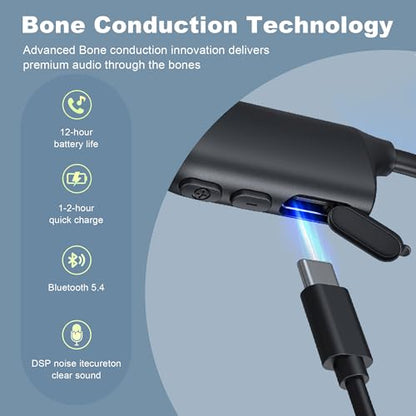 Bone Conduction Headphones, Open Ear Bluetooth 5.4 Sports Headphones with Mic, 12H Playtime Sweat Resistant Running Workout Headphones for Cycling, Gym, Hiking, Glasses Wearers