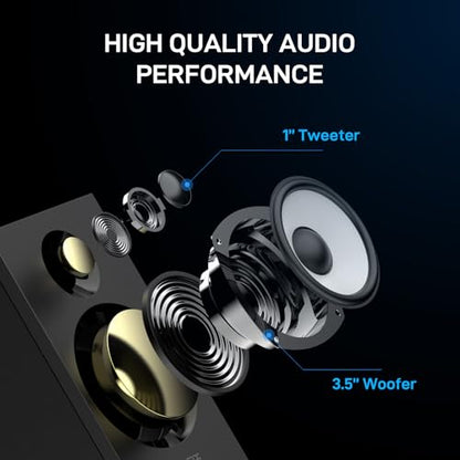 Powered Bookshelf Speakers HiFi Computer Gaming Monitors with Bluetooth 5.3 & 24-Bit USB DAC Stereo Speaker PC Speakers 3.5" Woofer,1" Silk Dome Tweeter, Adjustable Bass/Treble BT16-Black - color: Black