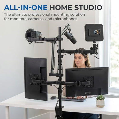 Mount-It! All in One Live Streaming Equipment - 5 Arm Desk Mount - Holds Dual Monitors, Cameras, Ring Light with Mic Desktop Stand Set, YouTube Setup for Podcasting, Gaming, Zoom, Clamp/Grommet Base - size: 5 arm