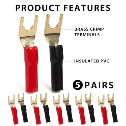 5 Pairs 8 GA Copper Spade Crimp Terminals for Speaker Wire | Crimp Connectors for Power & Ground Wires, Fork & Spade Connectors for Audio Systems, Amplifier, Car Audio Installation