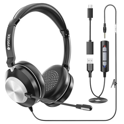 Voistek USB Headset with Microphone for PC & Laptop, On-Ear Computer Headset with Microphone Noise Canceling, Mute & Volume Controls for Zoom, Teams, Online Meetings, Remote Work, Home Office - color: Black