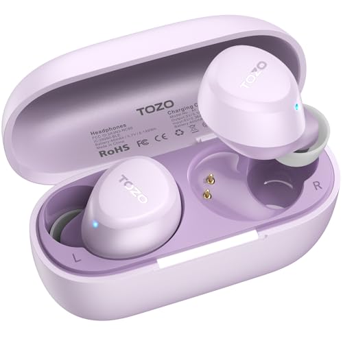 TOZO A1 Wireless Earbuds Bluetooth 5.3 Light Weight in Ear Headphones | IPX5 Waterproof, 2 Mics for AI Calls, Immersive Premium Sound Bass Ear buds with Charging Case, 32 Presets EQ via TOZO App - color: Light Purple