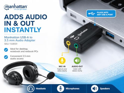 Manhattan USB Audio Adapter External Stereo Sound Card - with 3.5mm Headphone and Microphone Jack - Plug and Play, No Drivers Needed, 3D Sound - for Windows and Mac – 3 Yr Mfg Warranty – 150859 | USB sound card with mic input and speaker output, plug-and-