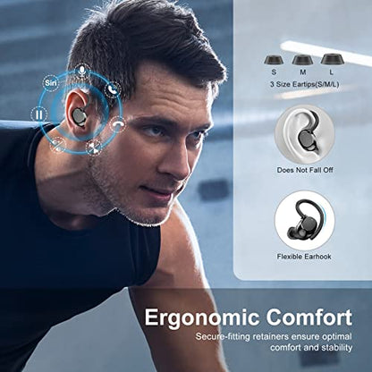 Wireless Earbuds for Small Ear, HiFi Stereo Sport Bluetooth 5.3 Headphones with Earhooks, 48H Deep Bass Ear Buds with LED Display, Noise Cancelling, IP7 Waterproof Earphones Built-in Mic for Running - color: Black