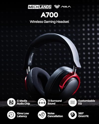 MechLands Aula A700 Wireless Gaming Headset with 7.1 Surround Sound, 50mm Driver, 2.4GHz/BT/Wired, Gaming Headphone with Noise Canceling Mic, RGB Light, 40H Battery, for PS4/PS5/PC/Switch (Black Red) - color: Black Red