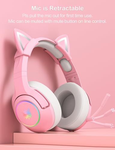 PHNIXGAM Gaming Headset - Removable Cat Ears, RGB/Retractable Mic (A Pink) | Wired 3.5mm surround sound gaming headphone, compatible with PC, PS4, PS5, mobile, cute light pink design - color: A Pink 3.5mm