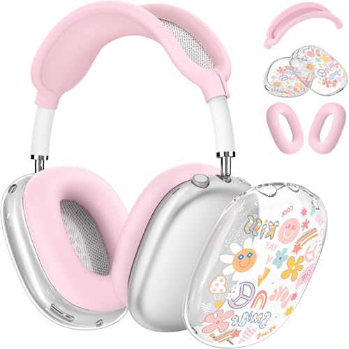 for Apple AirPods Max,Clear Flower Soft TPU Case for Women Girly,Pink | Ear Pad Case Cover/Ear Cups Cover/Headband Cover for AirPods Max Headphones (2024/2020)Transparent AirPod Max (USB-C) - color: Smile doodle