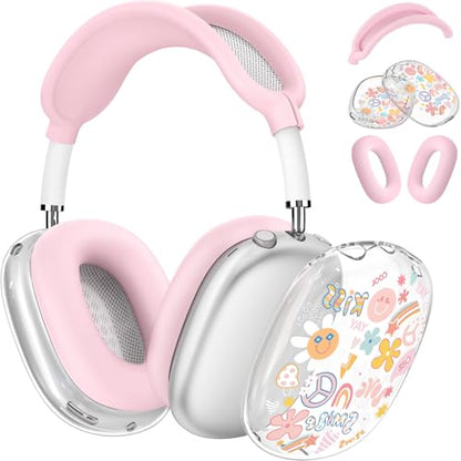 for Apple AirPods Max,Clear Flower Soft TPU Case for Women Girly,Pink | Ear Pad Case Cover/Ear Cups Cover/Headband Cover for AirPods Max Headphones (2024/2020)Transparent AirPod Max (USB-C) - color: Smile doodle