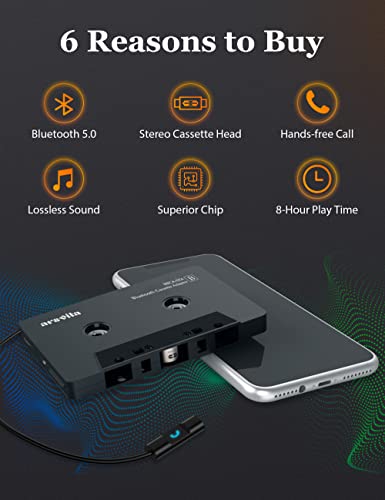 arsvita Bluetooth 5.0 Cassette to Aux Adapter for Car, Charcoal Black | Tape Audio Adapter with Hands-Free Call