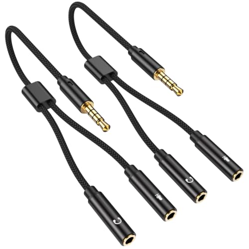 Fidioto 2PCS 3.5mm Audio Microphone Splitter Adapter, 1 Male to 2 Female Mic and Audio Y Splitter TRRS Headphone Adapter Cable for Switch 2/PS4/PS5,PC Laptop,Steam Deck Xbox, Tablet Gaming
