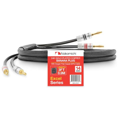 Nakamichi 24k Gold Plated Banana Plugs with Speaker Cable Wire 99.9% OFC | Oxygen-Free Copper, Excel Series, Heavy Duty Braided for Amplifier Receiver Hi-Fi Stereo AV - Black (14AWG / 3 feet / 0.9m) - color: Black (14 AWG), size: 3-Feet (0.9m)