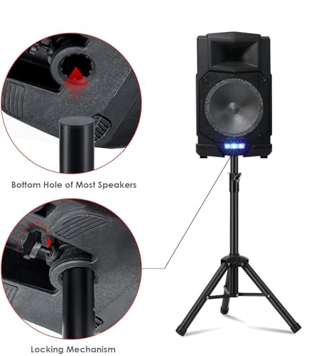 Universal Speaker Stand Tripod, Adjustable Height Range from 30 inches to 44 inches, can Support up to 100 pounds, Easy to Move, Strong Stability, Black Color
