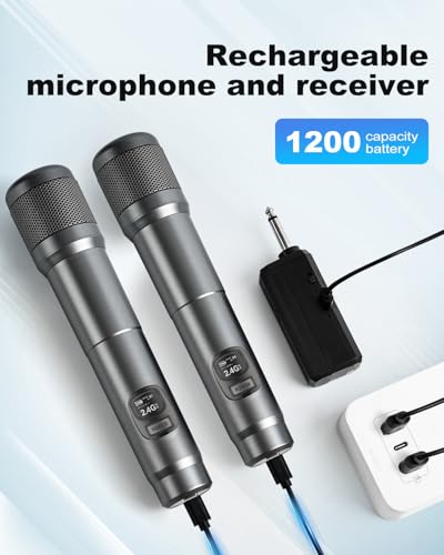 Wireless Microphone, Dual Handheld Dynamic Mic with Rechargeable Receiver, 40H Duration, 200ft Range, Plug and Play, Karaoke Microphone for Singing, Karaoke, Meeting, Church, Wedding - color: Silver