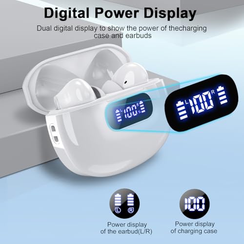 Wekily Wireless Earbuds, Bluetooth 5.3 Headphones LED Power Display, 2025 New Wireless Earphones, 4 ENC Noise Cancelling Mic, HiFi Stereo, 48H Playtime Mini Case IP7 Waterproof for Work & Play - color: Ivory white