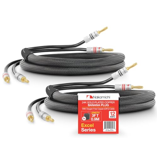 Nakamichi 24k Gold Plated Banana Plugs Speaker Cables 99.9% OFC (3 Feet) | Oxygen-Free Copper, Excel Series, Amplifier Heavy Duty Braided In-Wall CL2 Rated Wires - Black (12AWG / 3ft / 0.9m) 2-Pack - color: Black, size: 12 AWG (3-Feet)