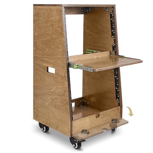 Sound Town DIY Slanted 16U Studio Rack (8U Top + 8U Lower), with 2U Bottom Storage, Slide-Out Tray, Caster, Plywood, Weathered Brown for Recording Room, Home Studio (SDRK-ST16TB) - size: 16U(8U Top + 8U Lower),Weathered Brown