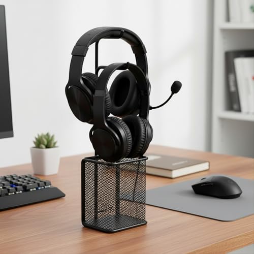 Dual Headphone Stand for Desk, Heavy Duty Iron Holder for 2 Headsets, Vertical Gaming & Office Organizer, Black Metal Rack (8.7 x 4.7 x 11 in)