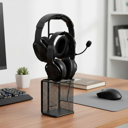 Dual Headphone Stand for Desk, Heavy Duty Iron Holder for 2 Headsets, Vertical Gaming & Office Organizer, Black Metal Rack (8.7 x 4.7 x 11 in)
