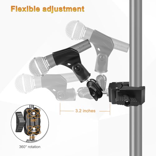 Mic Crab Clamp Microphone Mount, Desk Pipe Pole Clamp Mic Mount with Dual Ball Head Adjustment 1/4" to 5/8" Thread, Fits Mic Stand, Drum Stand, Desktop Shelf
