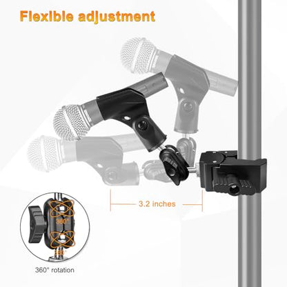 Mic Crab Clamp Microphone Mount, Desk Pipe Pole Clamp Mic Mount with Dual Ball Head Adjustment 1/4" to 5/8" Thread, Fits Mic Stand, Drum Stand, Desktop Shelf