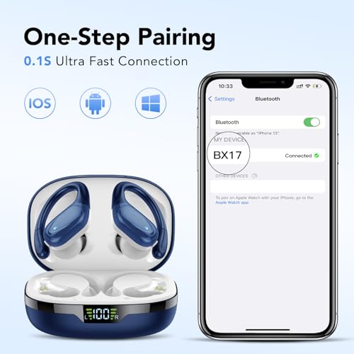 Ear buds Wireless Earbuds Bluetooth 5.3 Headphones 60hrs Playtime with Digital Display Sports Wireless Headphones with Earhook Deep Bass IPX7 Waterproof Over-Ear Earbuds for Android iOS Workout Blue - color: Blue
