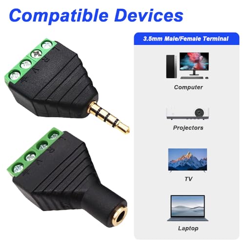 3.5mm Screw Terminal Gold Plated, 1/8" TRRS Male to 4 Pin Screw Terminal with 1/8" TRRS Female to 4 Pin Screw Terminal, Balun Solderless Converter with Screwdriver - color: 4Pin