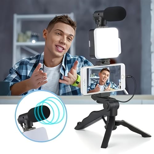 Tripod Vlogging Kit for iPhone and Android with LED Light Mini Shotgun Mic Adjustable Phone Holder for Travel, Live Streaming, Black - color: Black