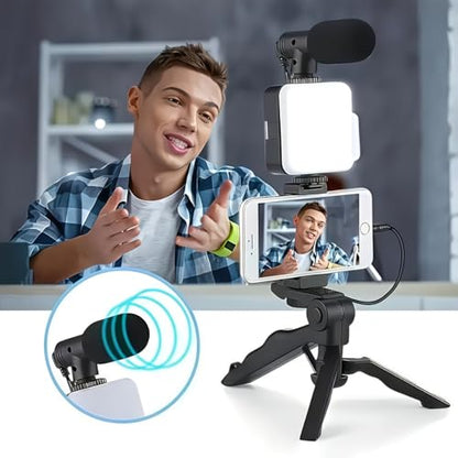Tripod Vlogging Kit for iPhone and Android with LED Light Mini Shotgun Mic Adjustable Phone Holder for Travel, Live Streaming, Black - color: Black