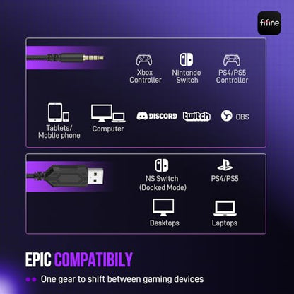 FIFINE H9 Wired Gaming Headset with Microphone, 3.5mm and USB Connectivity | 50mm Drivers, 7.1 Surround Sound, Lightweight, Soft Ear Cusion, Detachable Boom Mic, USB Control Box, for PC, Xbox, PS4/5 - color: Black