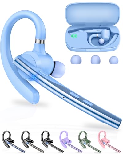 Bluetooth Headset,72H Work Single-Ear Wireless Earpiece for Cell Phone Call | 2 Charging Ways & 500mAh Charging Case,Dual Mic ENC Noise Cancel, Mute Button,V5.1 Hands-Free for Phone and Laptop - color: Light blue, style: M54
