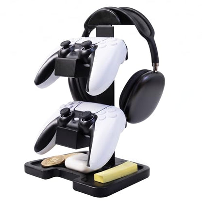 Gaming Equipment Headset Stand with Dual Controller Organizer Rack & Storage Base, Headphone Stand Gamer Gifts for Men Teenage Boy, Unique Gifts for Gamers to Organize Gaming Accessories (Black Wood)