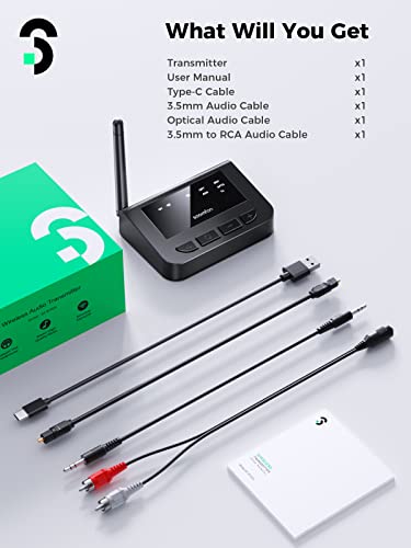 aptX LL Bluetooth Transmitter for TV, SOOMFON Bluetooth 5.0 Audio Transmitter with Volume Control, Bluetooth Adapter Splitter for TV/PC, aptX Low Latency, Ultra-Long Range, Aux/RCA/Optical