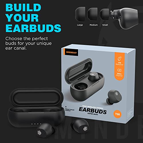 Wireless Earbuds Noise Cancellation Deep Bass Immersive Sound Headphones | Bluetooth Earphones, IPX5 Waterproof, 36-Hour Battery Life, Compatible with iPhone, Samsung, Android, PC, MINDBEAST T98 Black